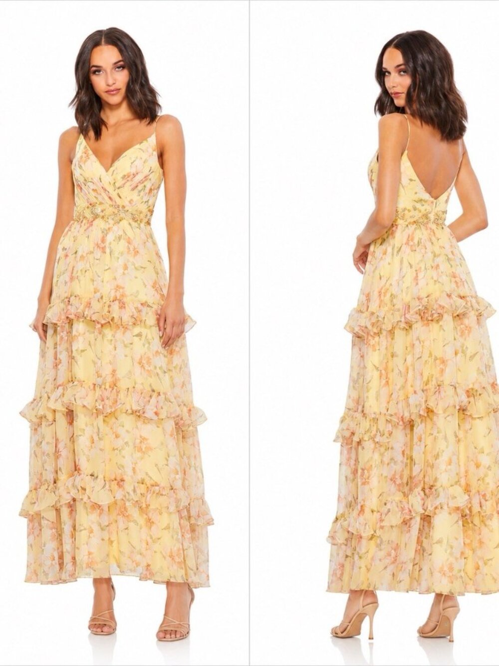 NEW Mac Duggal Size 0 Yellow Floral Printed A-Line Tiered Midi Gown Dress
